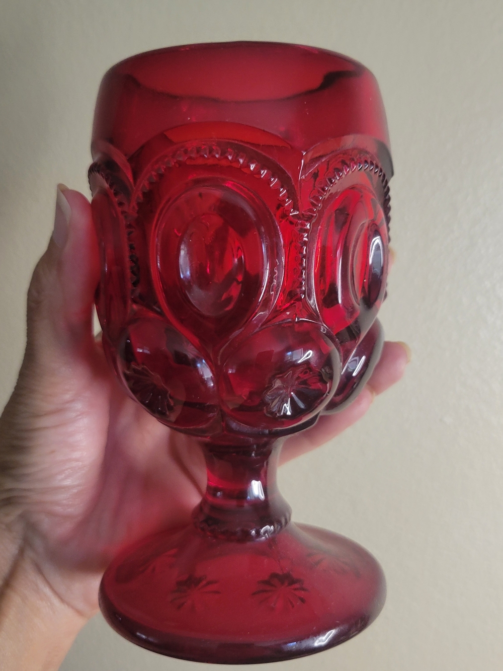 Vintage LE Smith Moon and Star Ruby Red Heavy Glass Goblet Chalice 6"